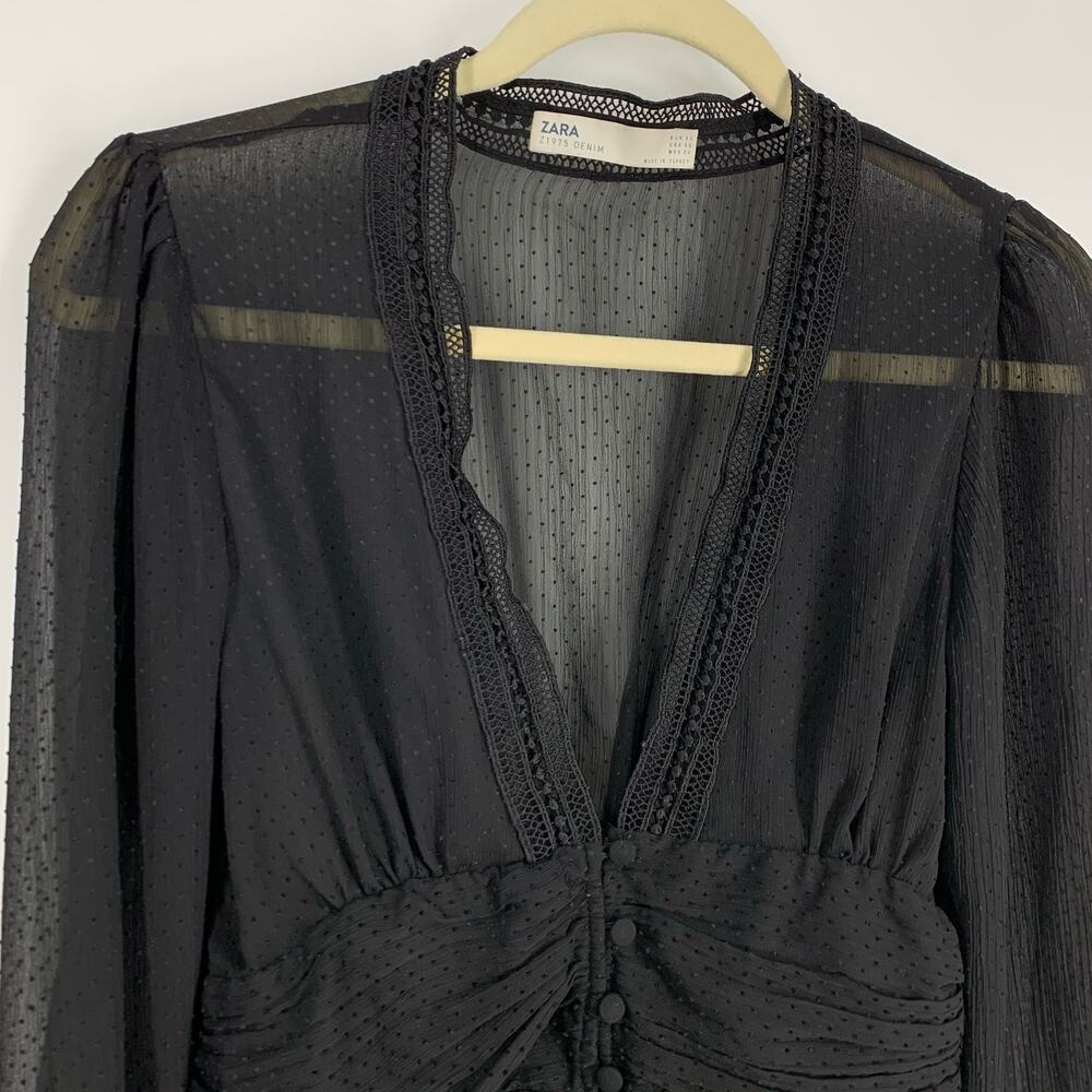 Zara Blouse Women XS Black Sheer Swiss Dot‎ Lace Trim V-Neck Long Sleeve - Picture 3 of 7